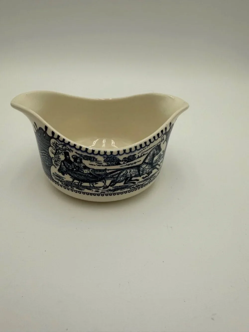 Currier Ives Blue White Ceramic Gravy Boat Coaching Scenic Design Made USa